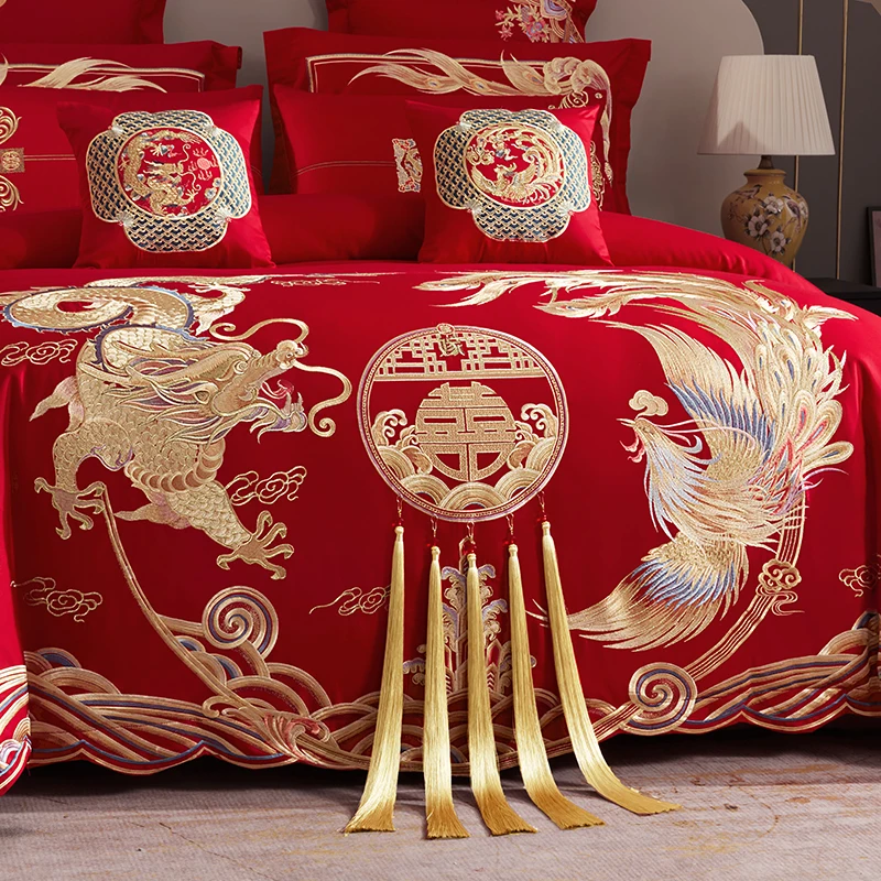 Golden Tassels Loong Phoenix Embroidery Bedding Set 100% Cotton Red Chinese Weddind Duvet Cover Bed Sheet Pillowcases