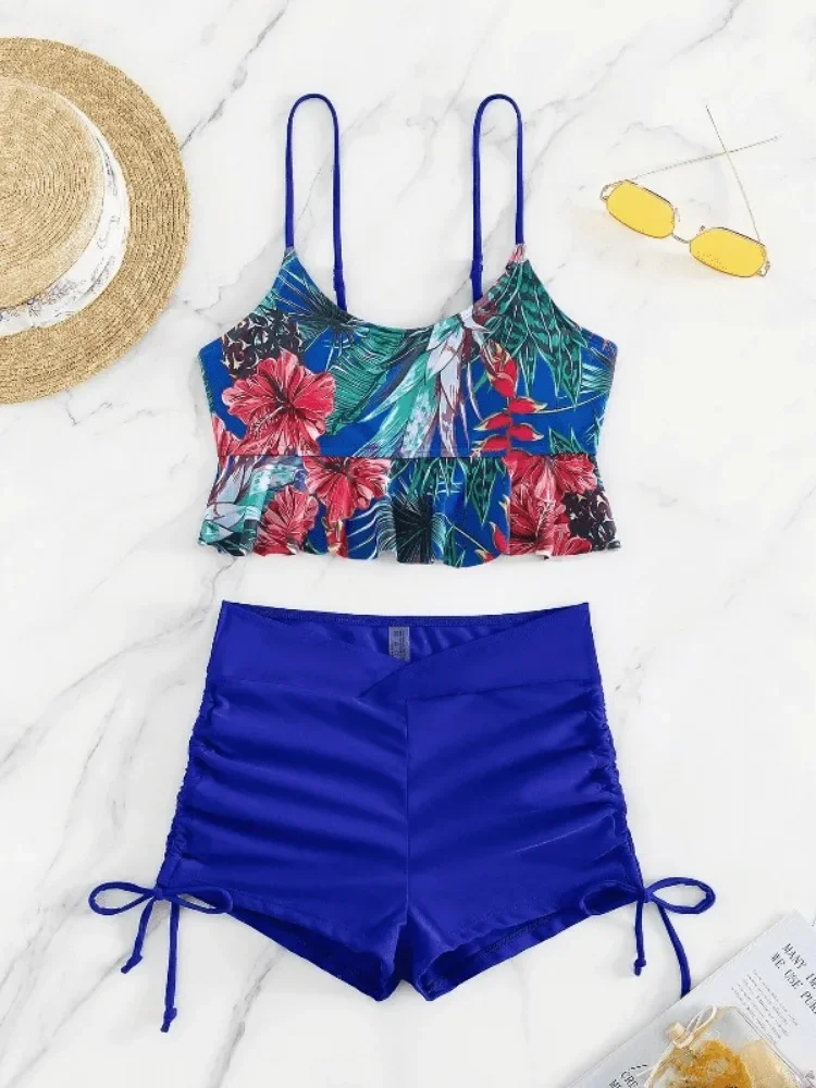 Bikini con tiras 2025, traje de baño de cintura alta para mujer, pantalones cortos con volantes y estampado de flores, traje de baño para mujer, ropa de playa