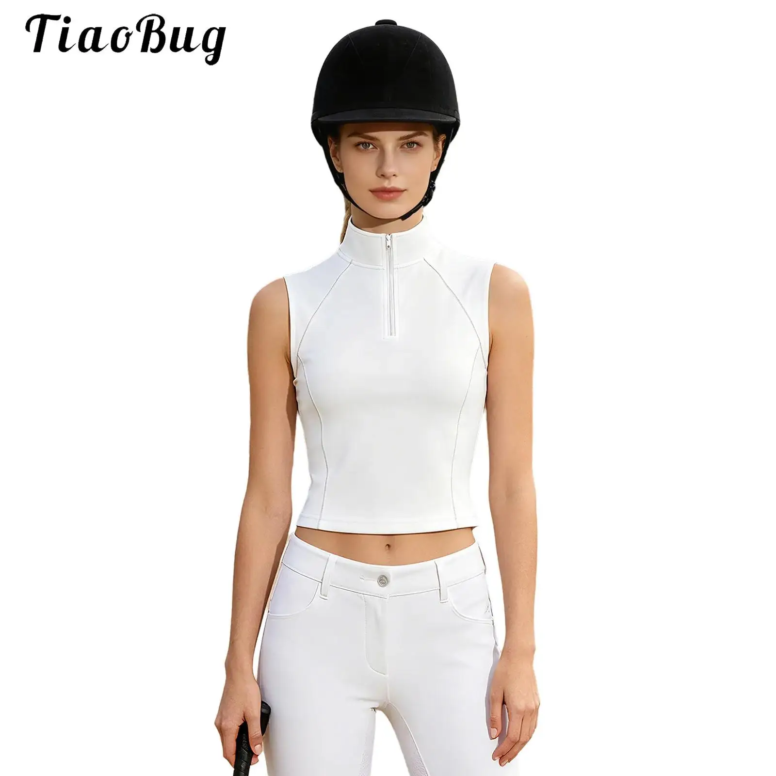 Women Color Block Equestrian Tank Top Zip-up Stand Collar Horse Riding Vest Quick Dry Golf Tennis Sports Shirts Tees