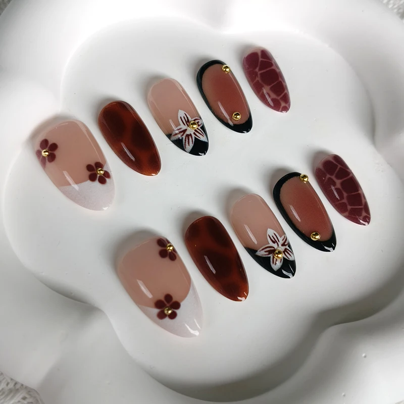 10 Stück 3D-Blumen mit Perlen, kurze, mandelförmige, tragbare Nagelkunst, hochwertige Leopardenmuster, französische Nagelaufkleber, Press-on-Nägel – Detail 13