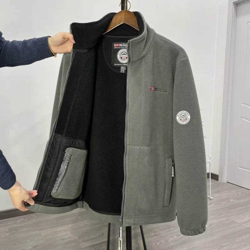 Polar Fleece Jacket for Men, Autumn and Winter, Double-sided Velvet and Thick Standing Collar Hoodie, Cardigan, Loose Windproof