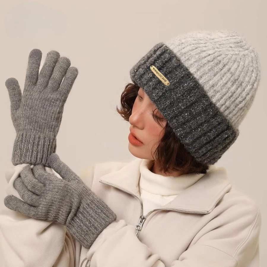 مجموعة قبعة وقفازات دافئة، قبعة مقاومة للرياح والبرودة، قبعة غزل محبوكة برأس كبير متعددة الاستخدامات، الخريف والشتاء، قطعتان #4