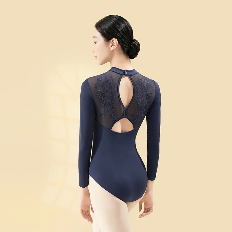 Ballet Leotards For Women Standing Collar Gymnastics Leotards Lady Back Mesh Embroidered Ballet Training Long Sleeve