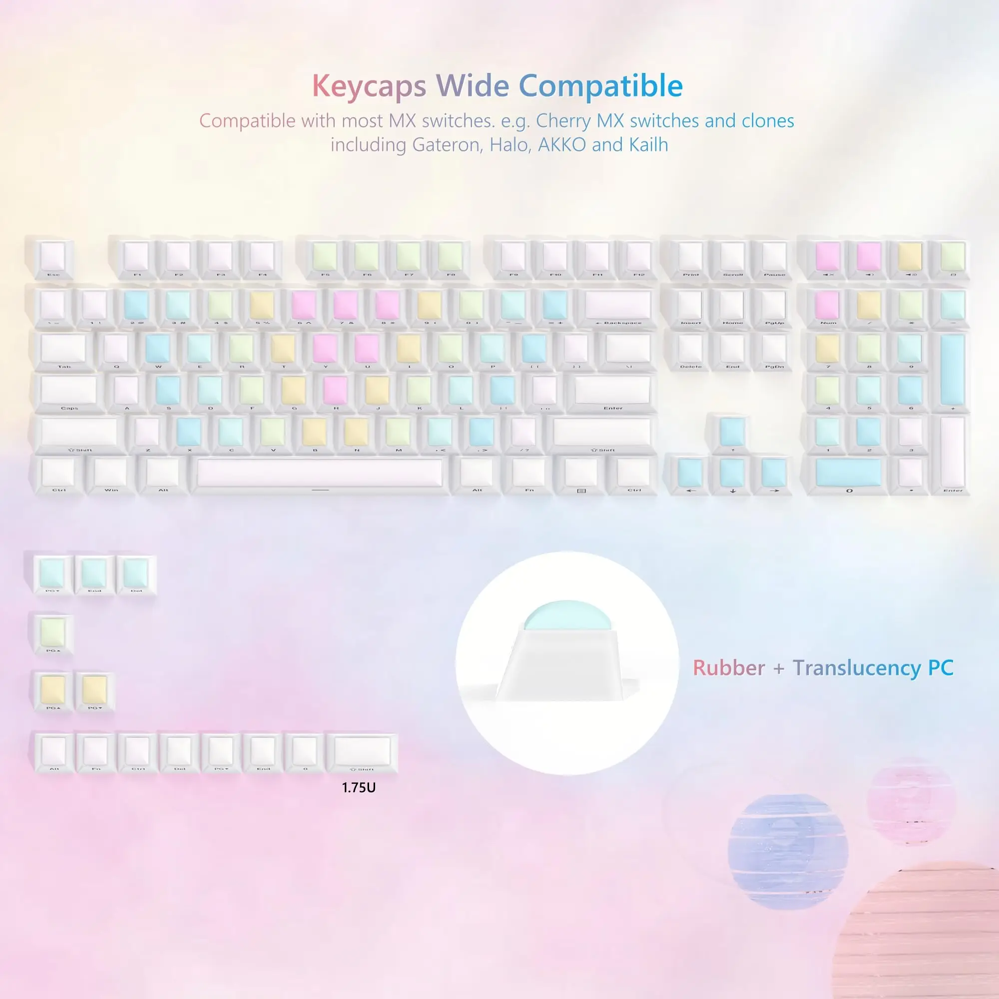 Womier Rainbow Rubber Keycaps Custom Keyboard Keycaps Cherry Profile Clear Jelly Keycaps for Cherry MX Switches Gaming Keyboard