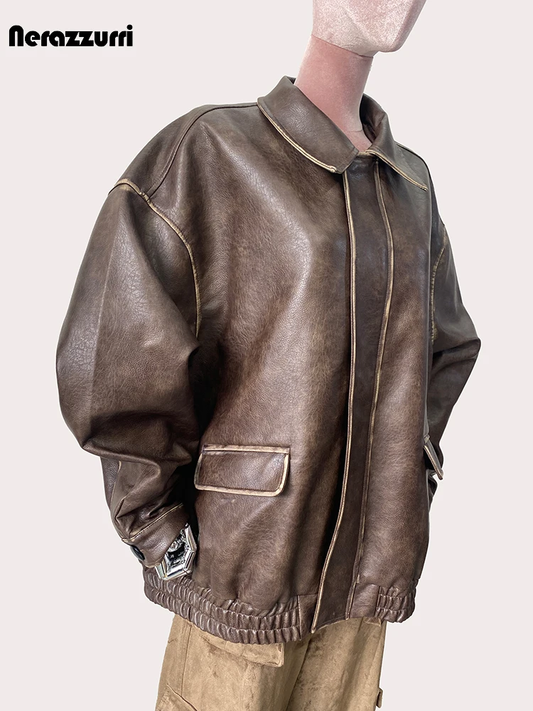 Nerazzurri-Veste en cuir PU marron pour femme, Streetwear vintage américain, Vêtements à fermeture éclair, Printemps, Automne, Cool Respzed, DistMurcia, 2024