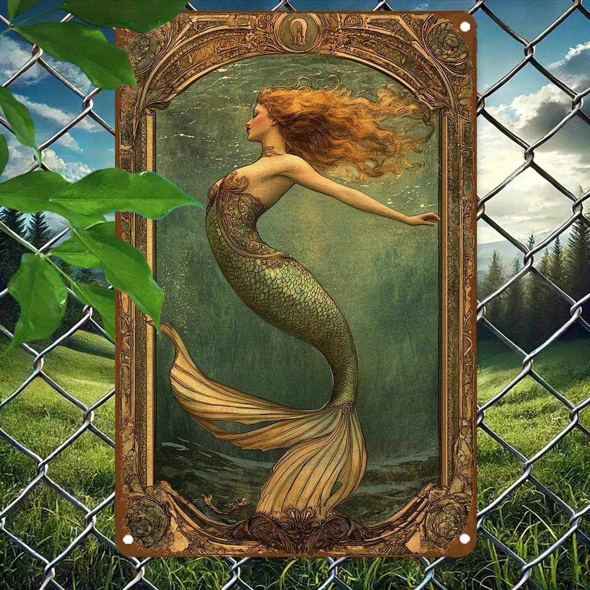 Vintage Metal Mermaid Wall Art, Luxurious Gold Frame, Multifunctional Decoration for Indoor and Outdoor Gardens