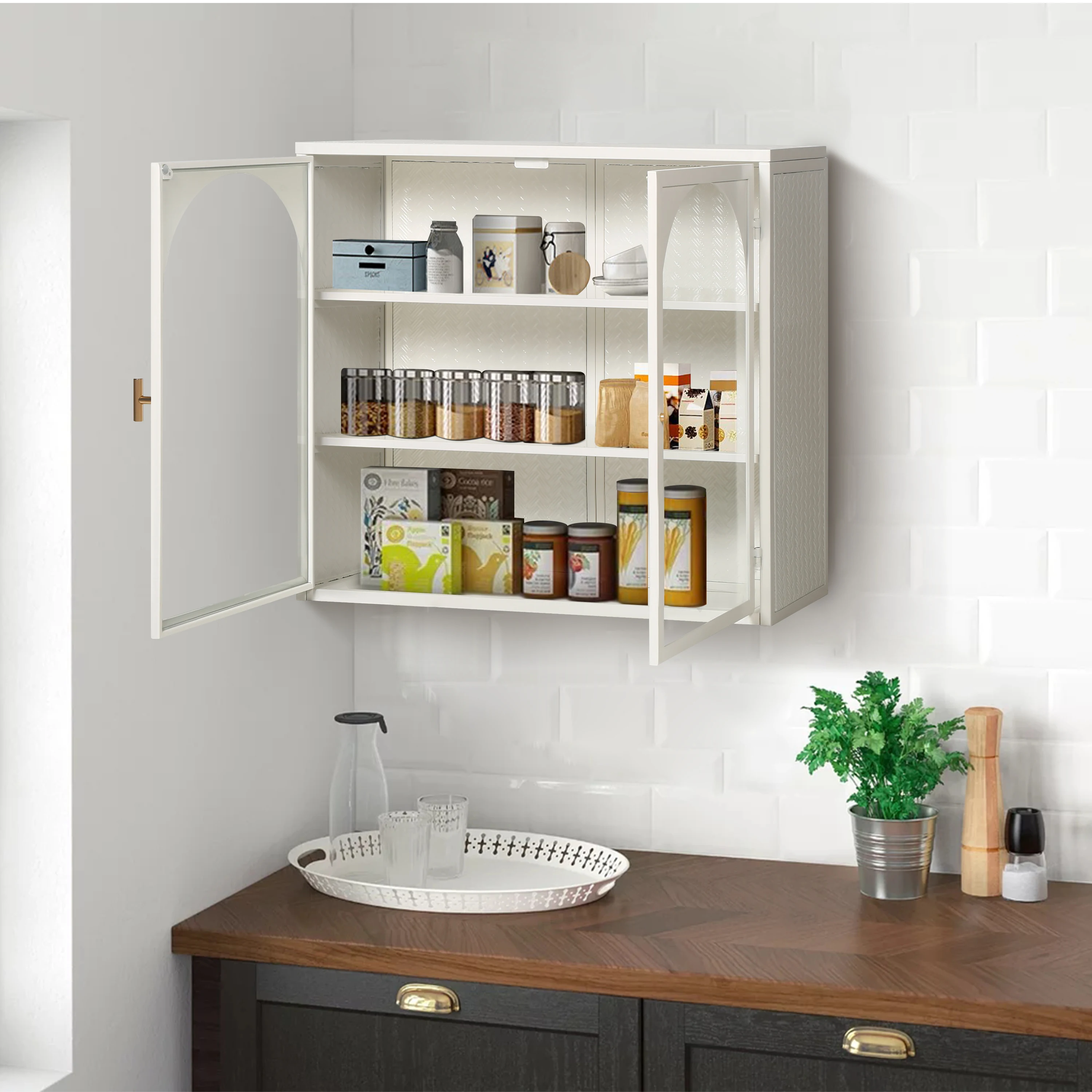 Glass Doors Modern Wall Cabinet with Characteristic Woven Pattern Featuring Three-tier Storage for Bathroom Dining Room,White