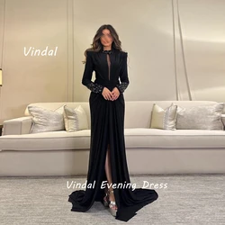 Vindal Crepe Floor length Sexy O-Neck luxurious Ruffle Straight Beaded Breast Padding Elegant Long Sleeves السعود For Woman 2024