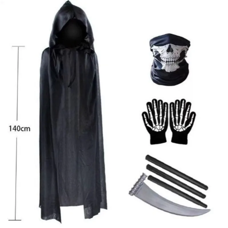 Adult Black Death Costume Cape Halloween Cloak Cosplay Witch Wizard Reaper Robe Halloween Party Apparel Cosplay Accessory Mantle