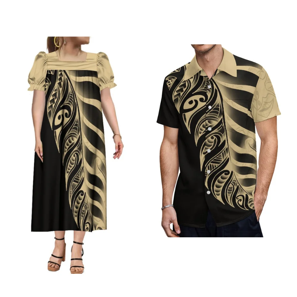 

The New Mumu Microsia Couple Set Women'S Puffed Sleeves Elegant Long Skirt Men'S Shirt Custom Polynesian Tribal Print