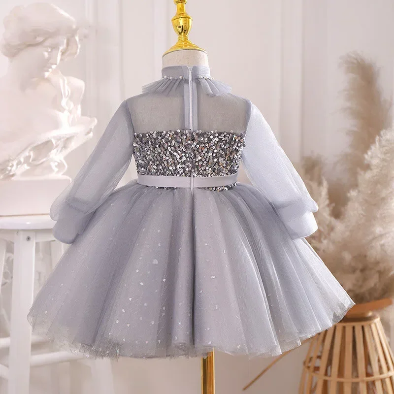 Flower Girl Dress Elegant Sequin Grey Dresses Todder Girls 1 Year Birthday Infant Ball Gown 2024 Baby Children Boutique Clothing