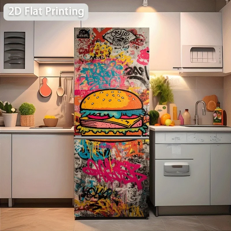 of Refrigerator Sticker Measuring Featuring a Graffiti-Style Burger Design, Suitable for Cabinet And Wardrobe Decoration, Self