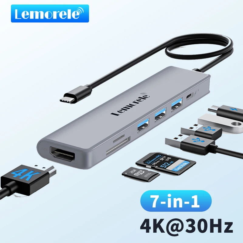 Lemorele TC66L 7 in-1 USB Hub Type C Docking Station USB 3.0 Hub 4K HDMI 100W PD Multi Splitter Adapter for Macbook Windows iOS