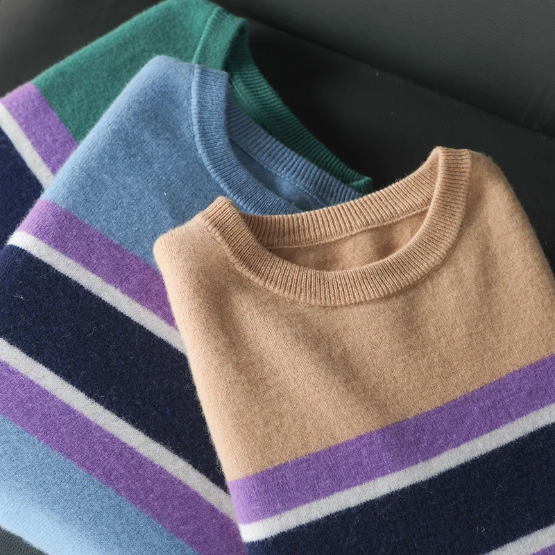 Autumn And Winter New Men's Wool Knitted Pullover Striped Plus Size Casual Sweater Youth Thickened Bottoming Shirt