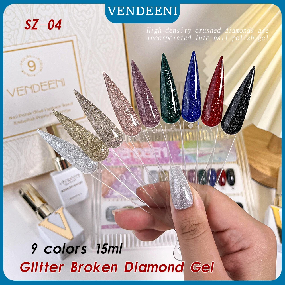 Vendeeni 15ml Gold Silver Red And Black Glitter Broken Diamond Gel Nail Polish 9 ColorS/set Soak Off Colorful UV LED Gel Varnish