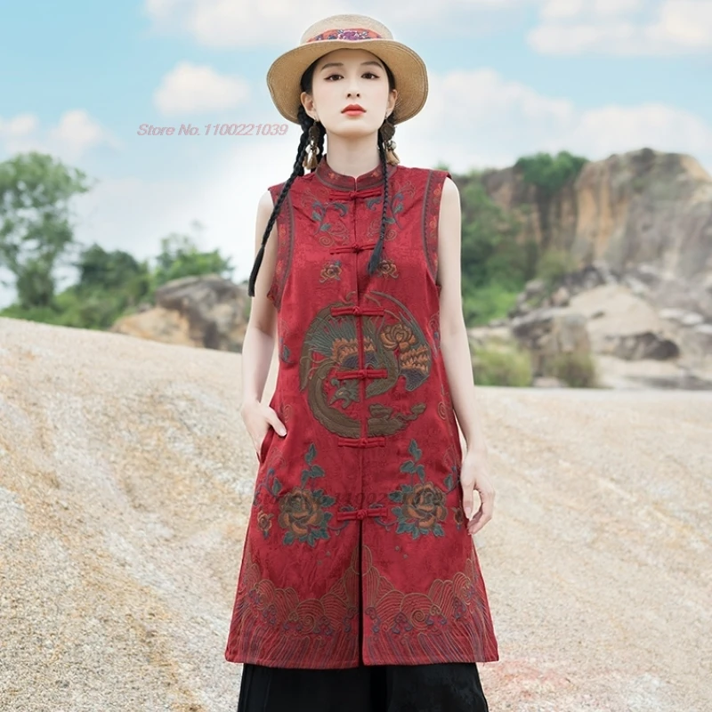 2025 الصينية خمر سترة التقليدية الوقوف طوق سترة الوطنية زهرة التطريز الجاكار سترة جاكيت بلا إكمام hanfu القمم #4