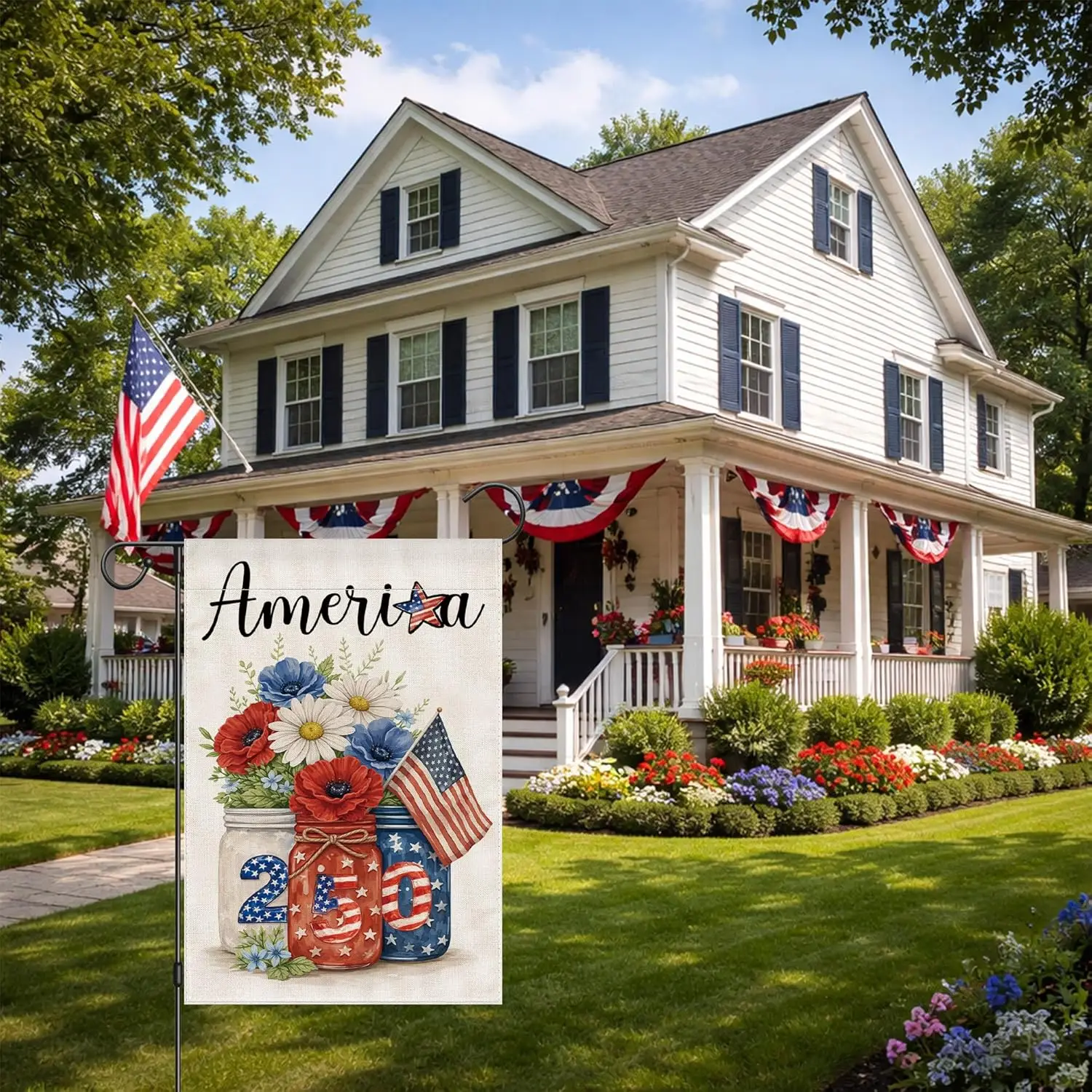 4th of July Garden Flag, 250 Anniversary USA Flag Patriotic Bless America Memorial Day Yard Decorations Outside Blue Red Flo PPZ