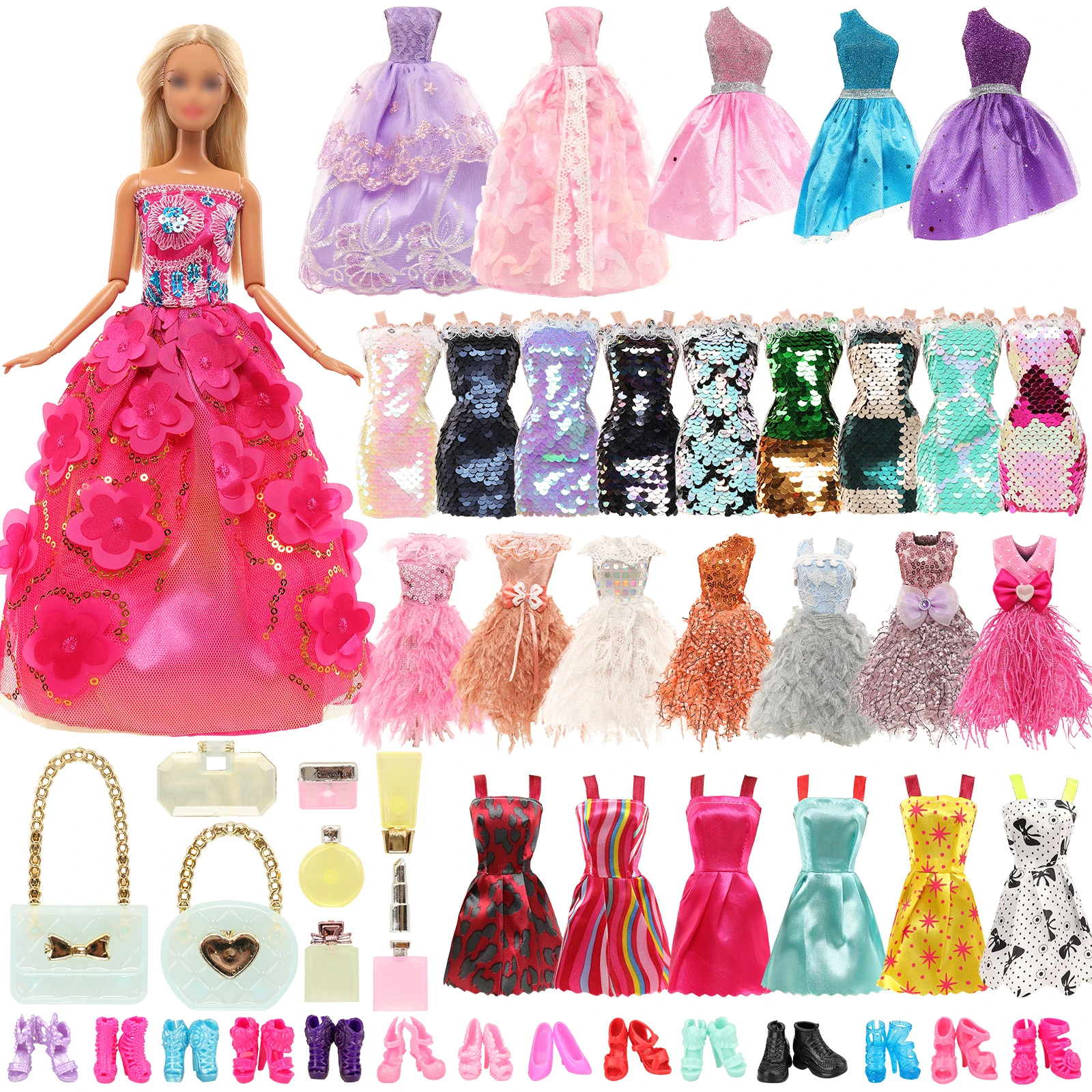 1/6 11.5 Inch Doll Fashion Style 31 Set=1 Long Skirt+3 Sequin Skirts+3 Dresses+5 Strap Skirt+9 Cosmetics Accessories+10 Shoes