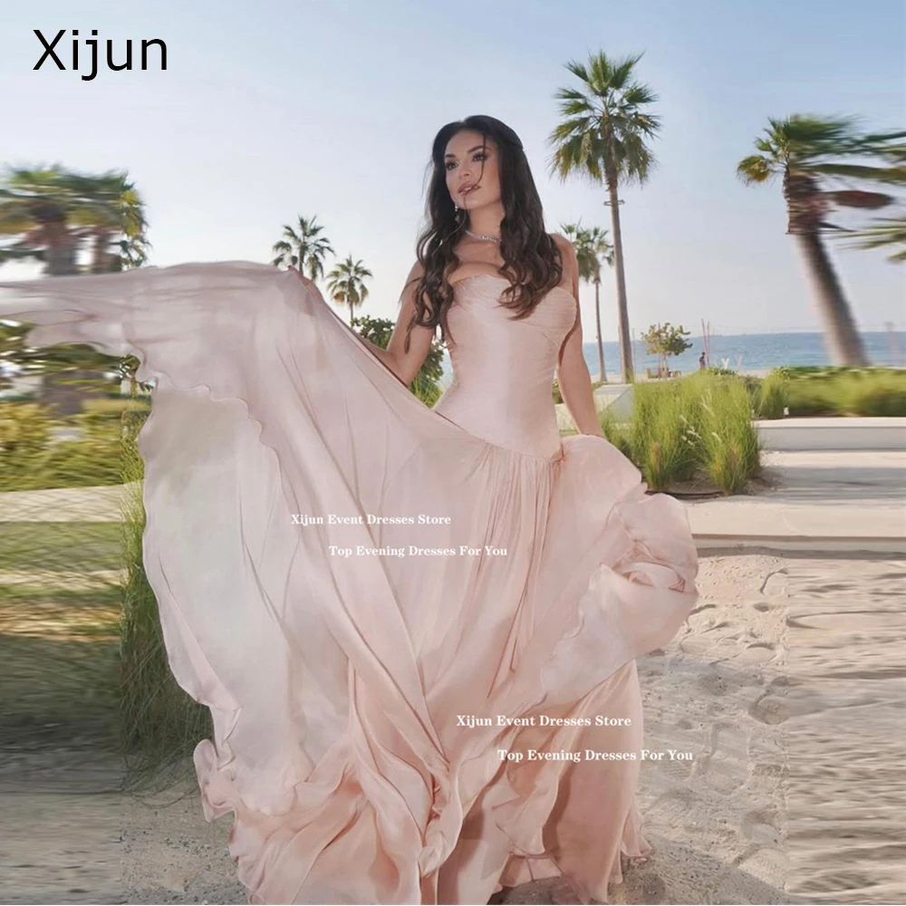 

Xijun Pink Silk Satin Long Evening Dresses Sleeveless Pleated A-Line Prom Dresses Formal Occasion Dubai Prom Gowns Customized