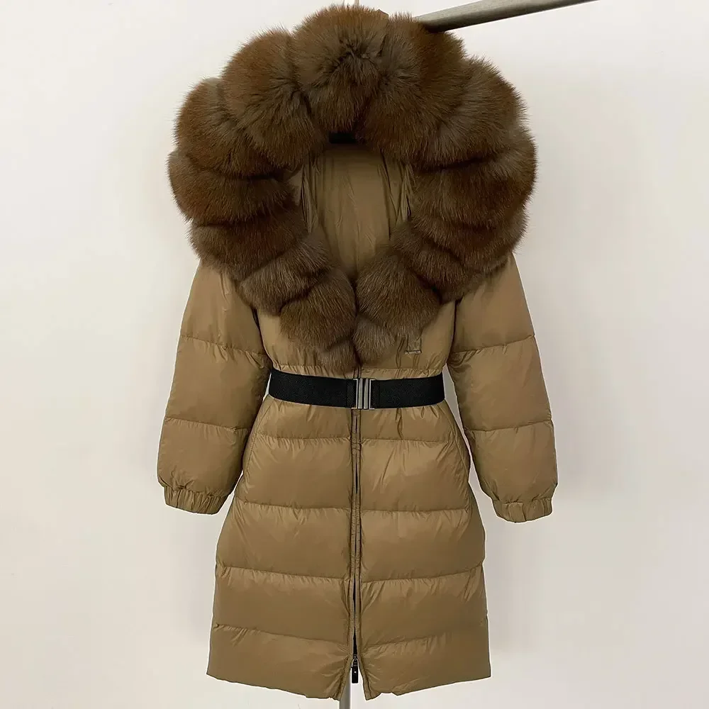 New Natural Thick Warm Long Winter Jacket Women 90% White Duck Down Coat  Real Big Fox Fur Collar Belt Loose Puffer Parka