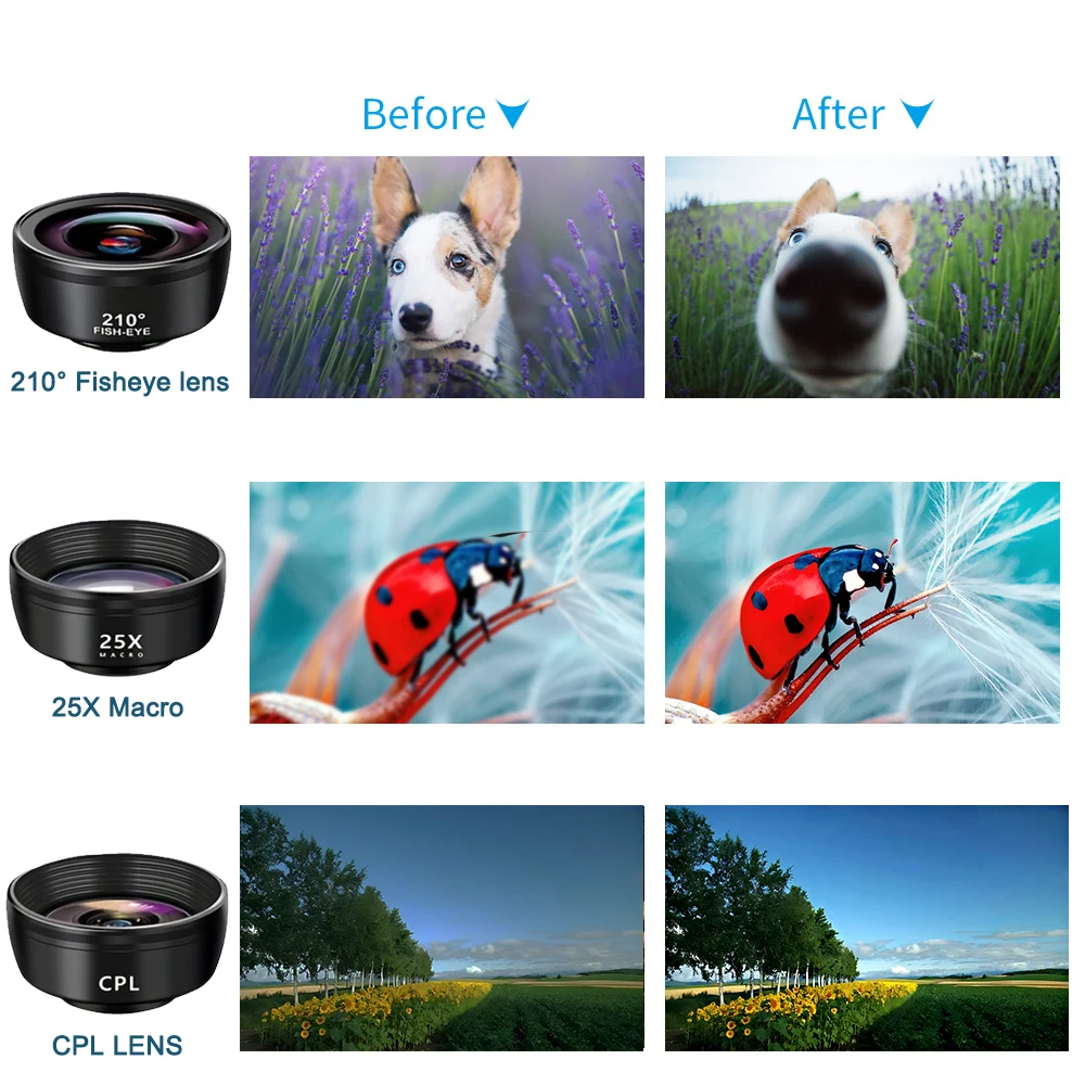 مجموعة عدسات هاتف عالمية 7 في 1، عدسة ماكرو بزاوية كبيرة على شكل عين السمكة، فلتر مشكال CPL + عدسة تلسكوب 2X للهواتف الذكية