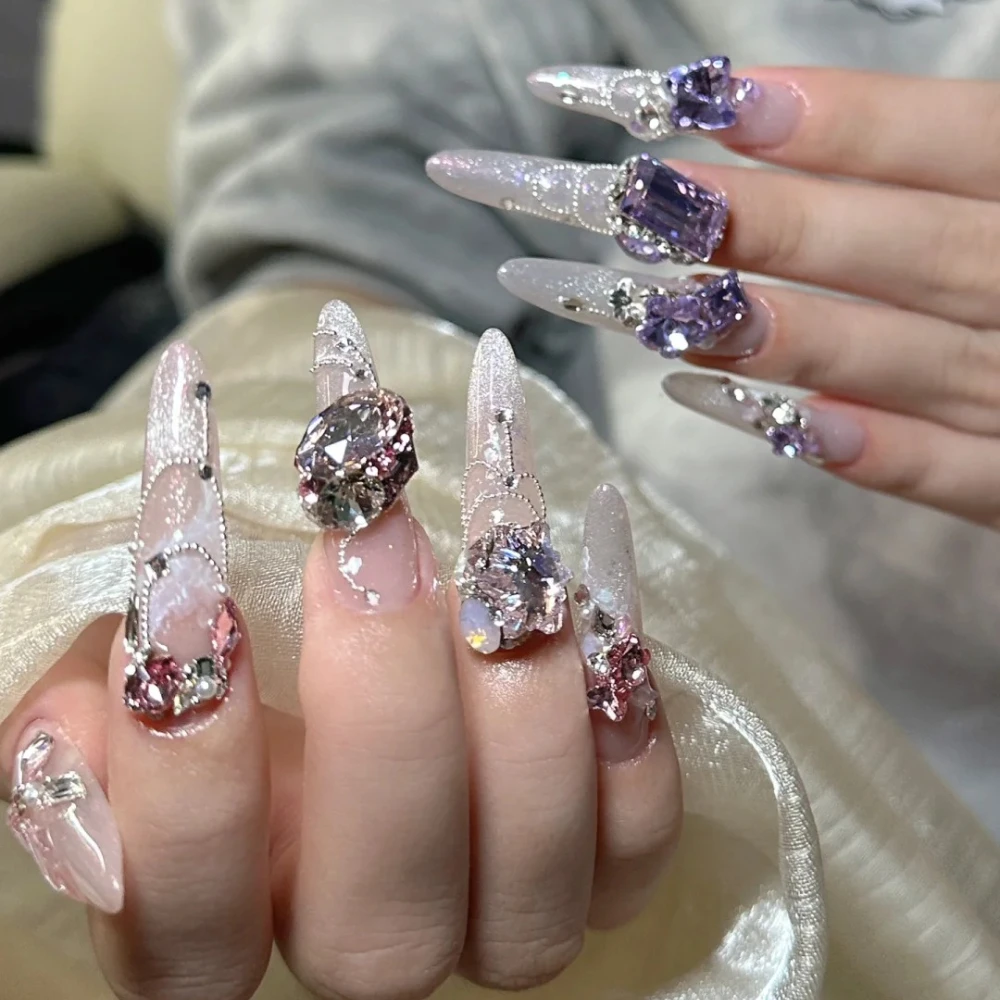 10Pcs Handmade Press On Nails Manicure Long Almond Fake Nails Christmas & New Year Limited 3D Luxury Diamonds Design with Set