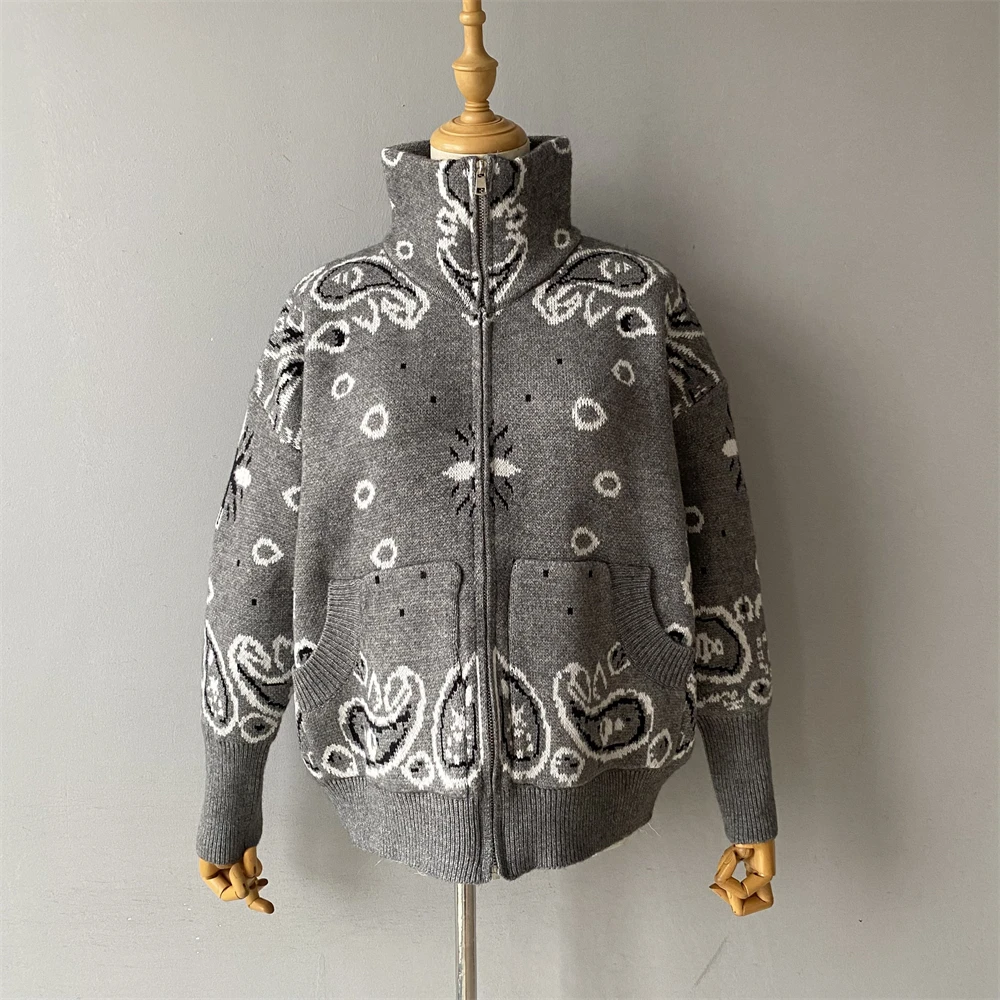 

Вязаный свитер с принтом для женщин, весна 2026, новинка, воротник-стойка, длинный рукав, на молнии, винтажный стиль, кардиган, женский модный повседневный топ