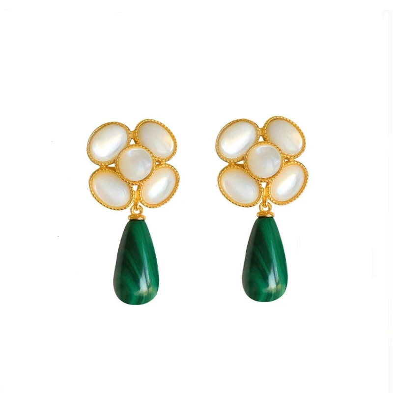 Original White Fritillaria Flower Water Drop earrings for women Vintage Camellia Green Gem stud earings Engagement Jewelry