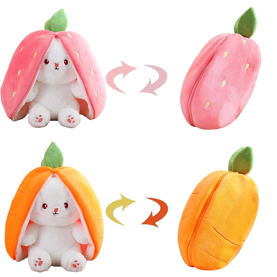 25cm Cosplay Strawberry Carrot Rabbit Plush Toy Stuffed Creative Bag Into Fruit Transform Baby Cuddly Bunny Plushie Doll For Kid