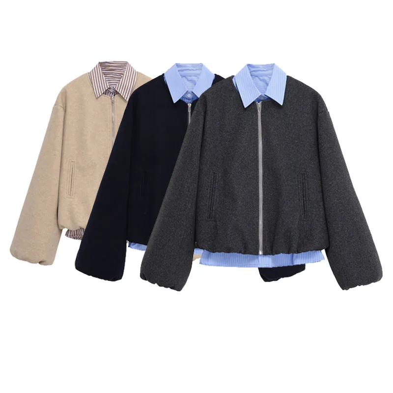 Faionable مخطط irt المرقعة الصوفية Jaet جديد الخريف الشتاء المرأة معطف دافئ طويل Sve الوجه طوق سستة إغلاق #5