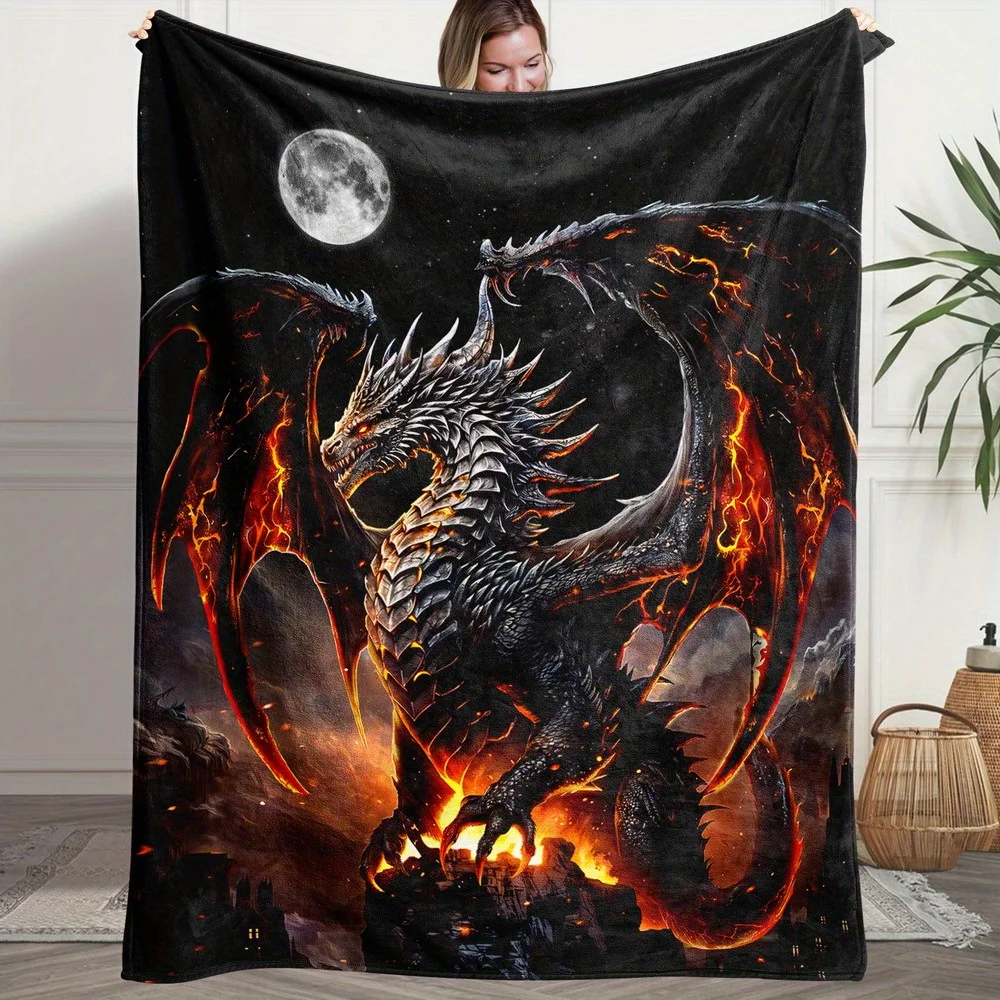 A Fluffy Blanket Featuring a Flame Dragon Print, a White Throw Blanket Perfect for Barefoot Dreams, Suitable for The Sofa, a Win