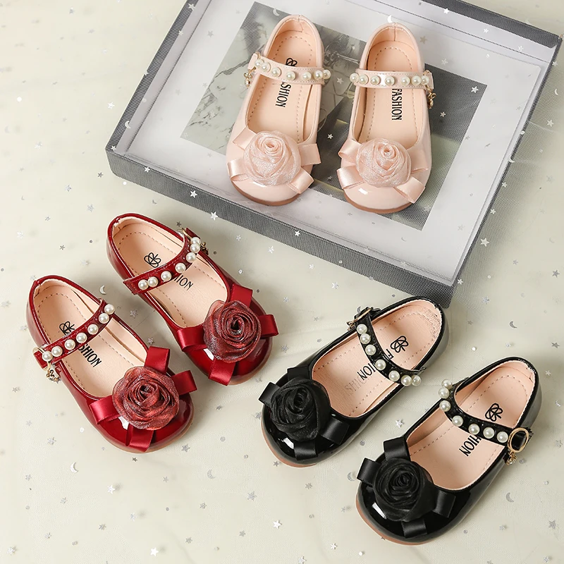 طفل الفتيات الأميرة نمط أحذية من الجلد مع زهرة الورد 2025 جديد الخريف الاطفال ماري جين الباليه الشقق لينة وحيد حفل زفاف #2