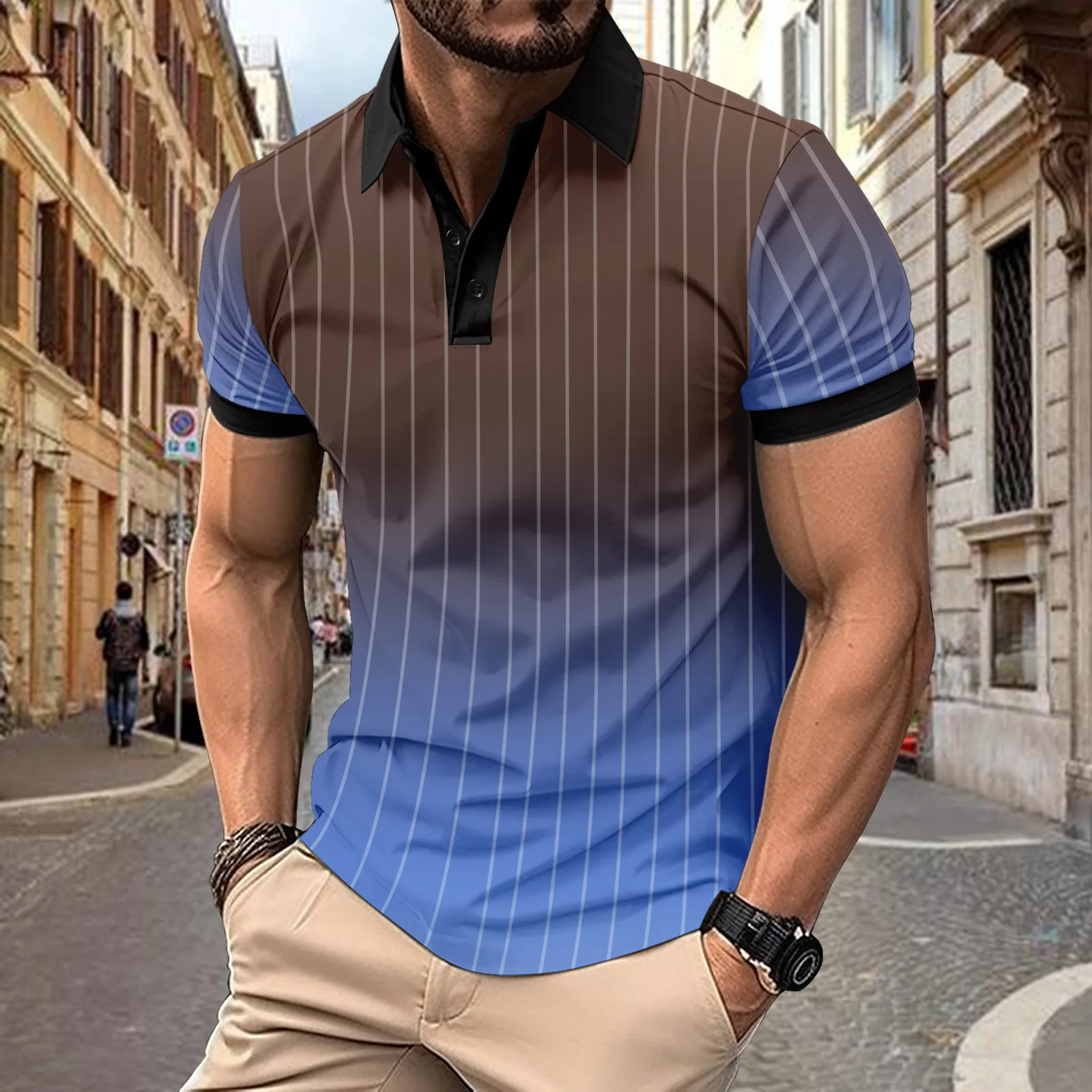 Summer 2024 casual POLO print striped lapel T-shirt for men