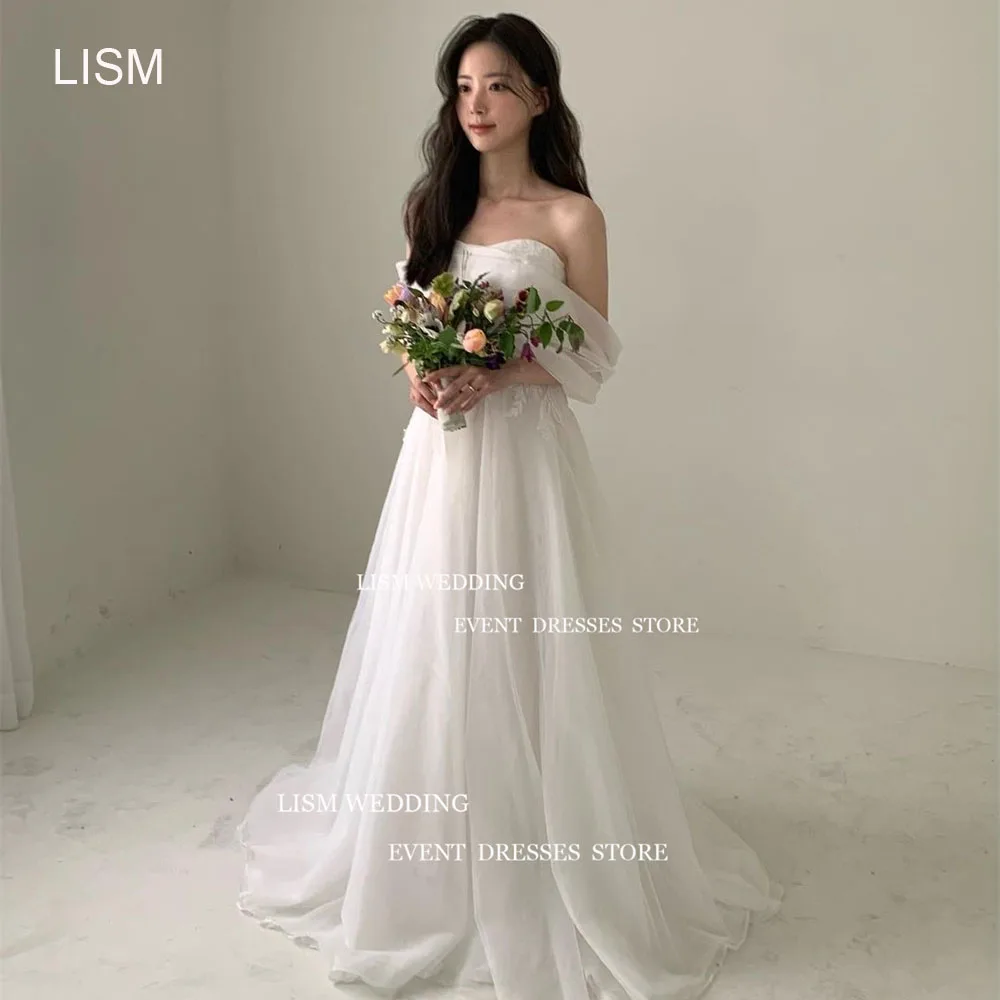 LISM Sweethert Korea Wedding Dresses A-Line Off Shoulder Wedding Photos Shoot Pleats Lace Bridal Gowns For Korean Lady 2024