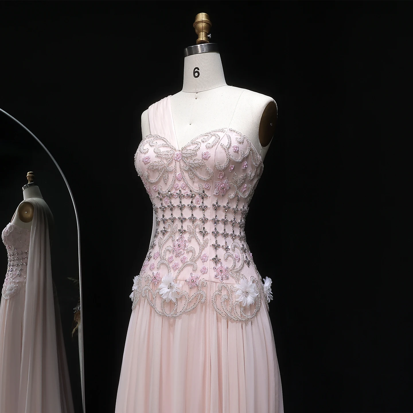 Sharon Said Elegant One Shoulder A Line Evening Dress with Cape 3D Flowers Crys… - Image 4