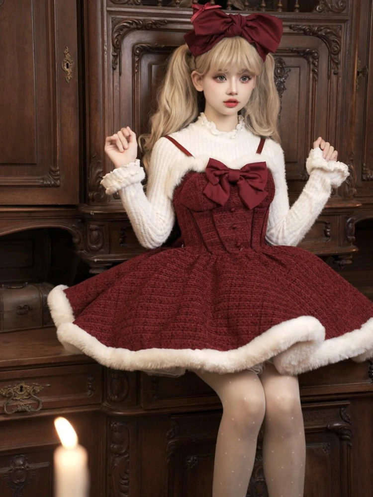 Зимние рождественские комплекты из трех предметов в стиле Лолиты, женский плащ с бантом + элегантный теплый свитер + шикарное платье, женская одежда в корейском стиле