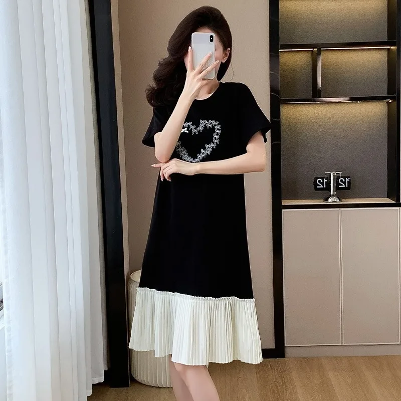 Vrouwen Casual Lange Jurk 2025, Zomer Geplooide Stiksels, Middellange Jurk, Dames Koreaanse Stijl Slanke Ronde Hals T-shirt Losse Jurk