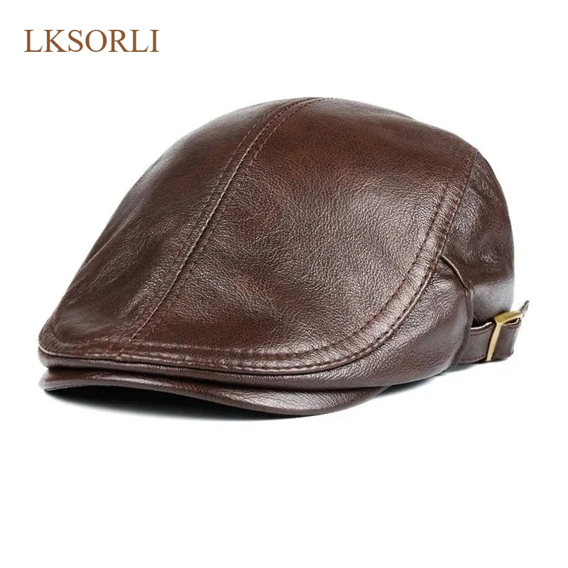 2026 Men Street Bonnet Genuine Leather Beret Male Thin Hats 55-61cm Adjustable Forward Cap Leisure Duckbill Casquette Hats