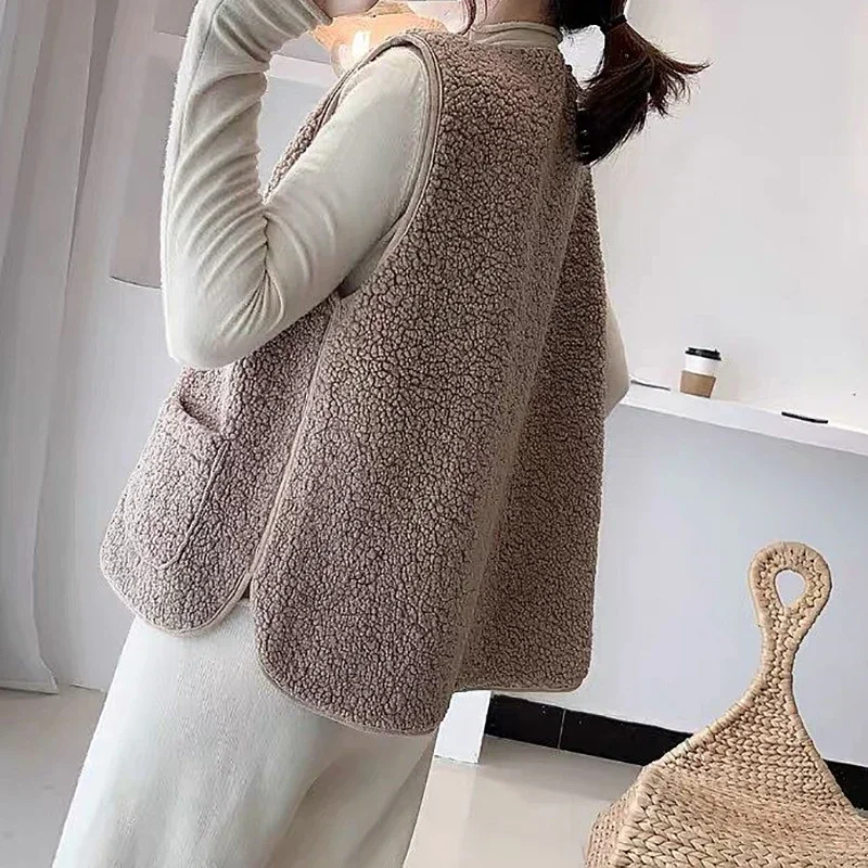 ABRINI Women Fall Zipper Vest Coat New Faux Lamb Fur Warm Cardigan Casual Pocket Sleeveless Jackets Winter Office Thickened Coat