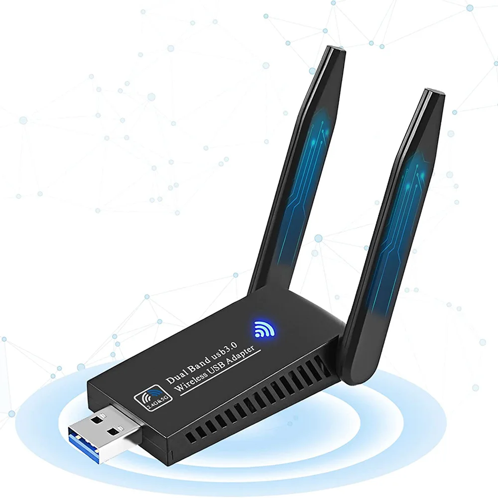 1300Mbps Adaptor WiFi USB 3.0 Dual Band 5GHz/2.4GHz Adaptor Jaringan Nirkabel 2 Antena MU-MIMO Wi-Fi Dongle untuk Windows & Mac OS