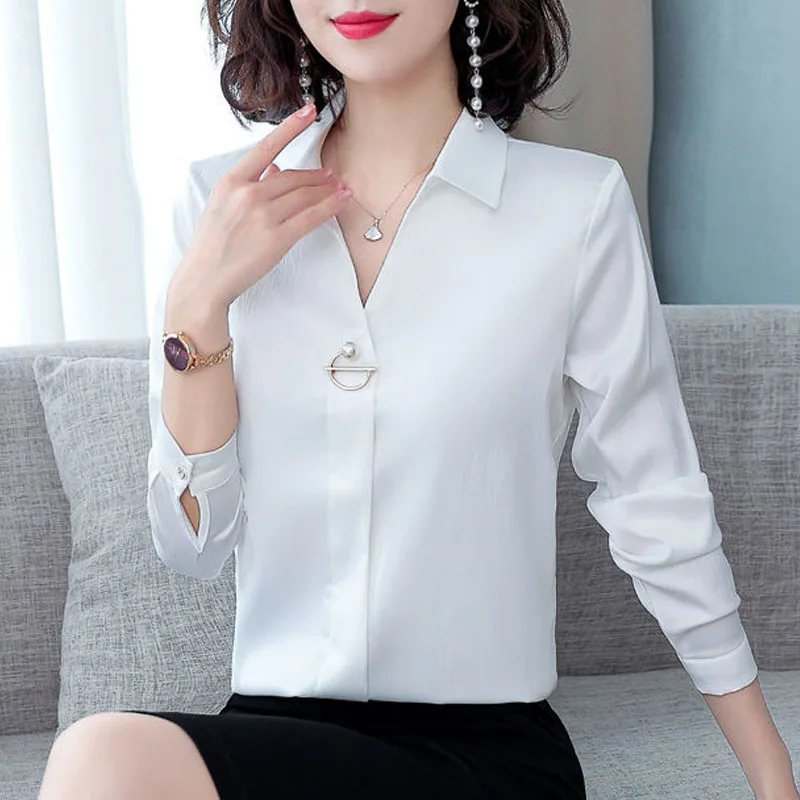 Commuter Office Lady All-match Solid Color Blouse Fashion Spring New Women\'s Long Sleeve Button Korean Turn-down Collar Shirt