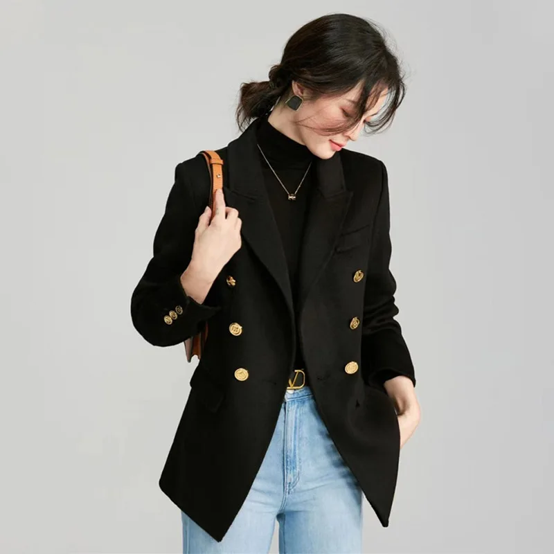 Autumn Winter New Women 100% Double-sided Wool Coat Slim Fashion Office Lady Feminine Double-breasted Suit Temperament Jacket