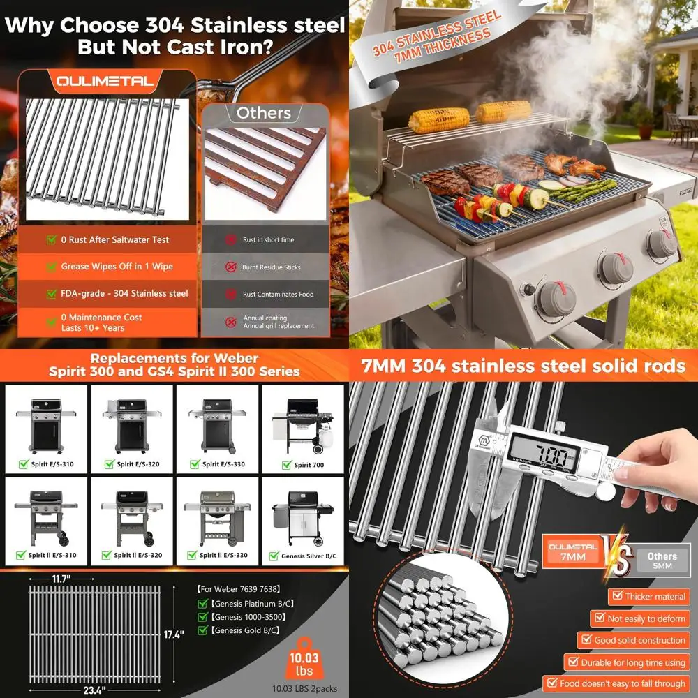 

Stainless Steel Grill Grates for E-310 and GS4 Spirit II 300 Series, Spirit 700, Silver B & C, Gold B & C, Platinum B & C, 1000-