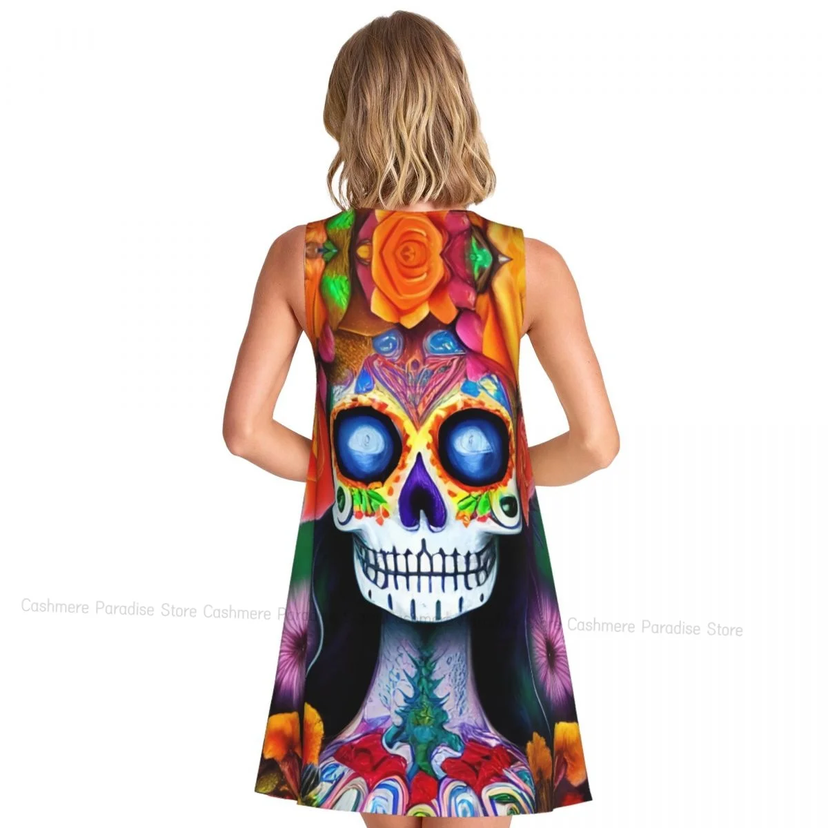 Robes d'été pour femmes, t-shirt de plage, sans manches, jour des morts, crâne de sucre Rose, robe débardeur ample décontractée, 2025