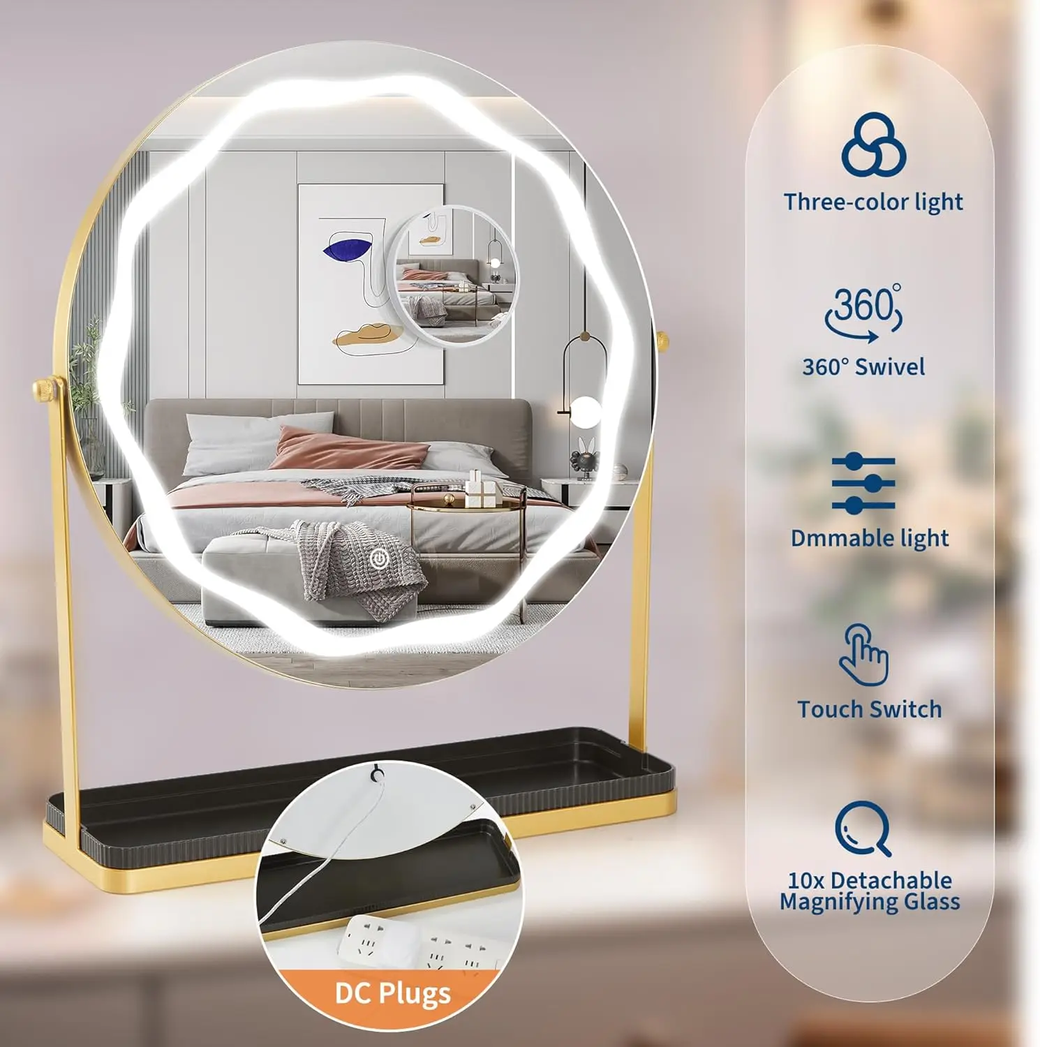 LED Vanity Mirror with Lights Makeup Mirror Smart Touch Control 3-Color Dimmable Lighting with Storage Rack for Dressing Table