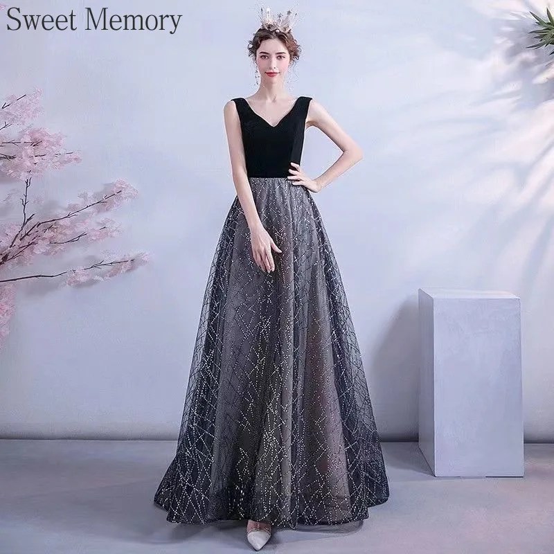 N130 Customized Floor Length Black Formal Evening Dresses Sweet Memory Weddings & Events Gown Sexy V-Neck Christmas Party Dress