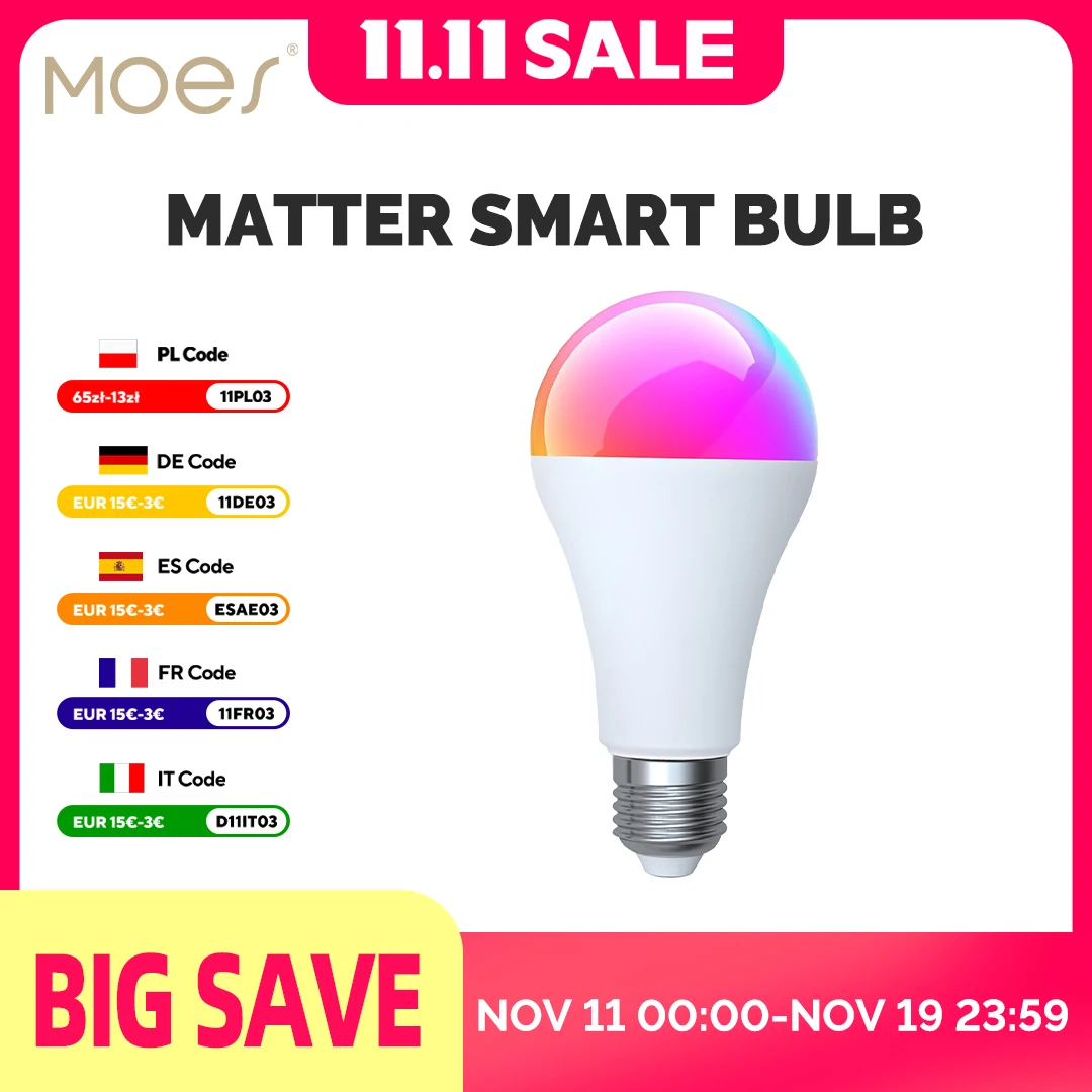 yZ[zMOES Tuya Matter WiFi X}[gd\ LED Cg 1600  RGB F E27 Lhv Alexa Google z[