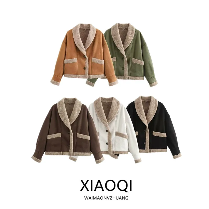 秋冬レディース長袖レザーファー一体型襟コート多用途ルーズフィットファッションデザインショートアウター