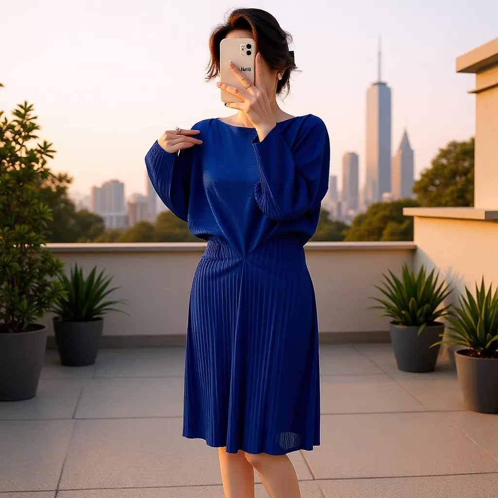 

Miyake Pleated 2026 New Arrival Fashionable, Intellectual and Elegant Blue Dress for Women Long-Sleeved, Waist-Defining Skirt