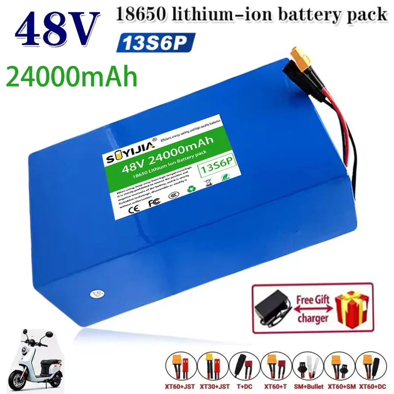 Batterie Lithium-ion 48V 24AH 13s6p 48V 24000mAh 1500W Batterie Électrique, Scooter Et Vélo, BMS 50A Intégré + Chargeur